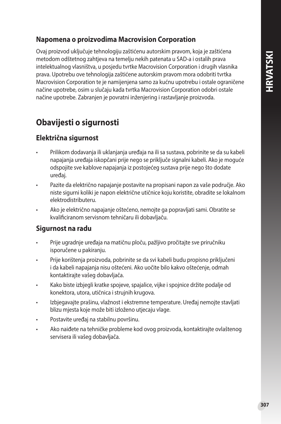 Obavijesti o sigurnosti, Hr va tski, Električna sigurnost | Sigurnost na radu, Napomena o proizvodima macrovision corporation | Asus Phoenix GeForce GT 1030 OC Edition Graphics Card User Manual | Page 307 / 322