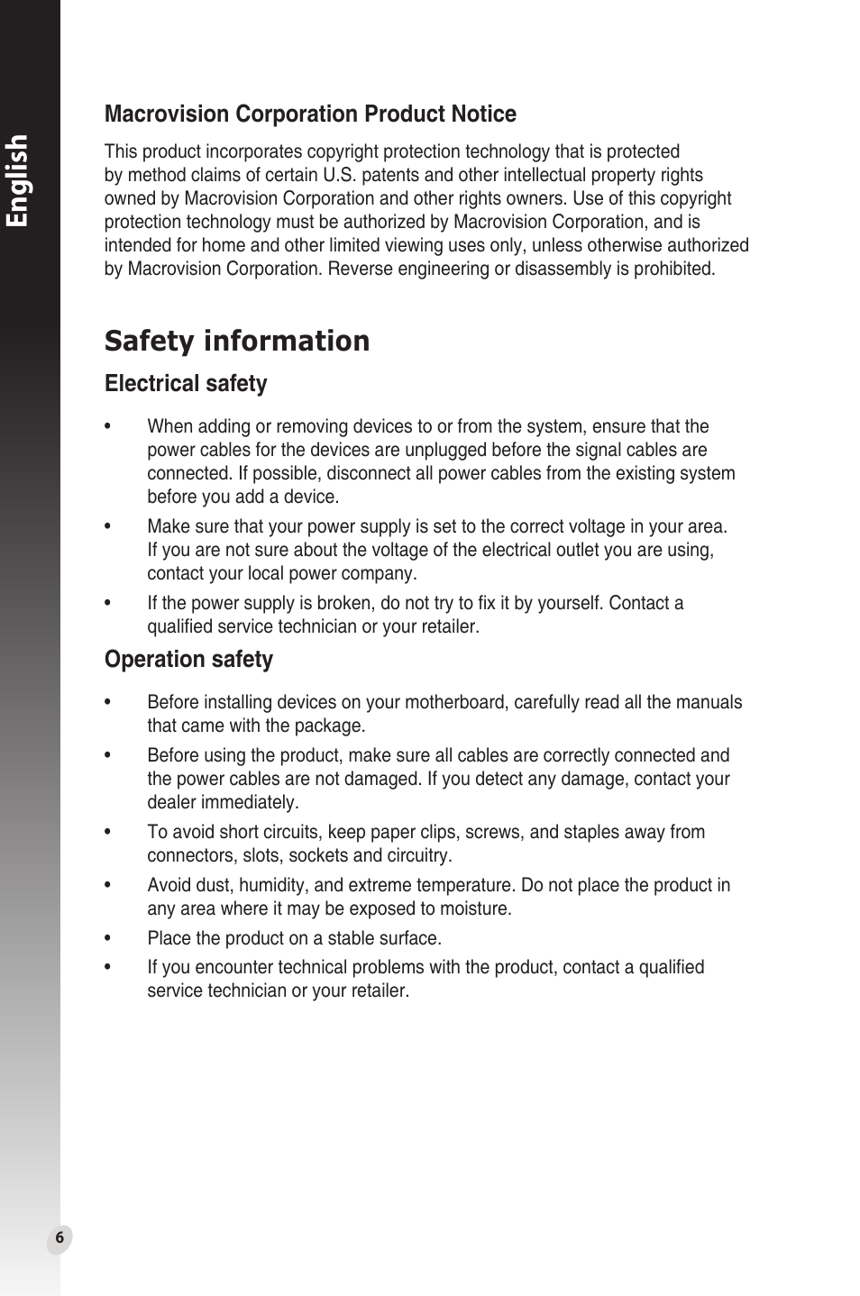 Safety information, English, Electrical safety | Operation safety, Macrovision corporation product notice | Asus Phoenix GeForce GT 1030 OC Edition Graphics Card User Manual | Page 6 / 322