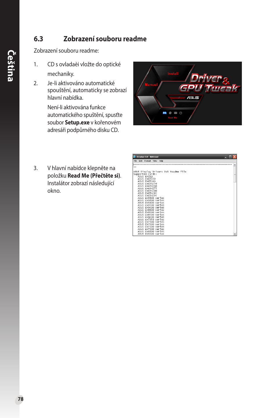 3 zobrazení souboru readme, Zobrazení souboru readme, Čeština | Asus Phoenix GeForce GT 1030 OC Edition Graphics Card User Manual | Page 78 / 322