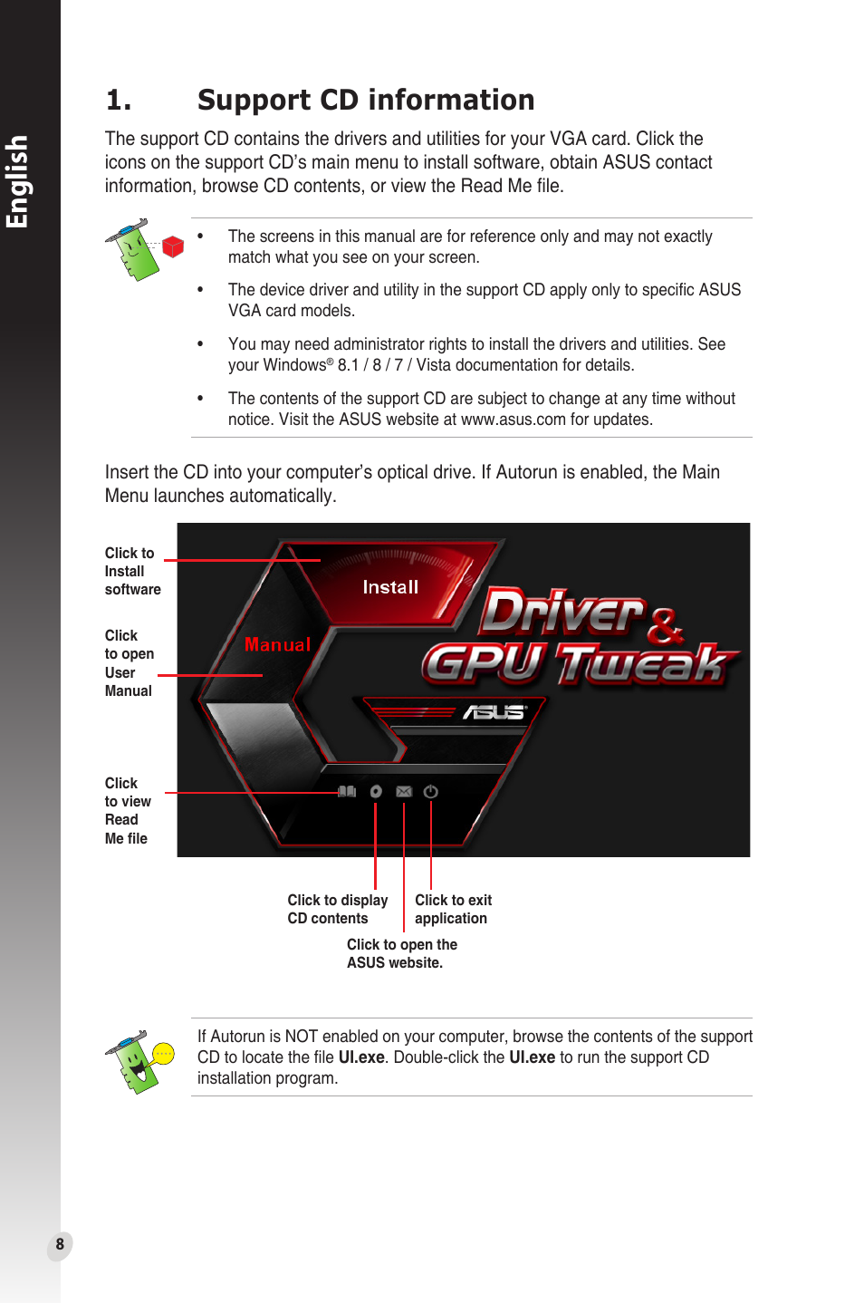 Support cd information, English | Asus Phoenix GeForce GT 1030 OC Edition Graphics Card User Manual | Page 8 / 322