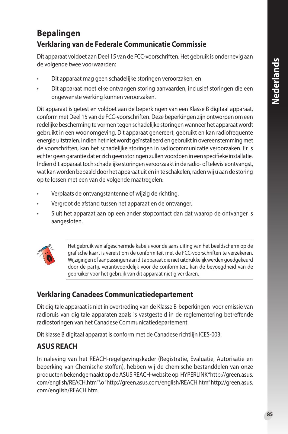 Bepalingen, Neder lands, Verklaring van de federale communicatie commissie | Verklaring canadees communicatiedepartement, Asus reach | Asus Phoenix GeForce GT 1030 OC Edition Graphics Card User Manual | Page 85 / 322