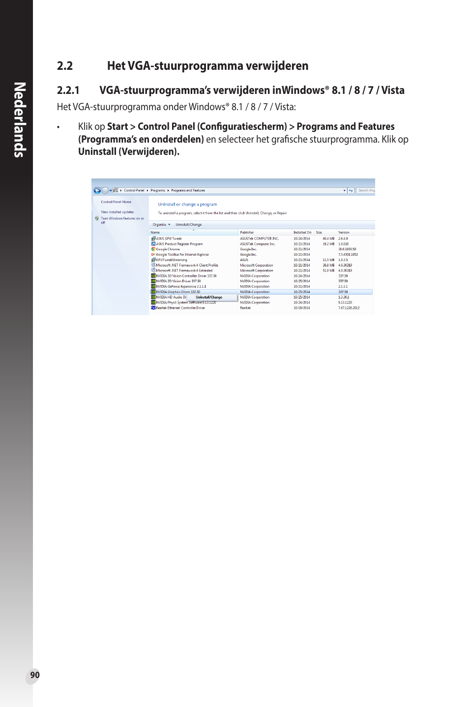 2 het vga-stuurprogramma verwijderen, Het vga-stuurprogramma verwijderen, Neder lands | Asus Phoenix GeForce GT 1030 OC Edition Graphics Card User Manual | Page 90 / 322