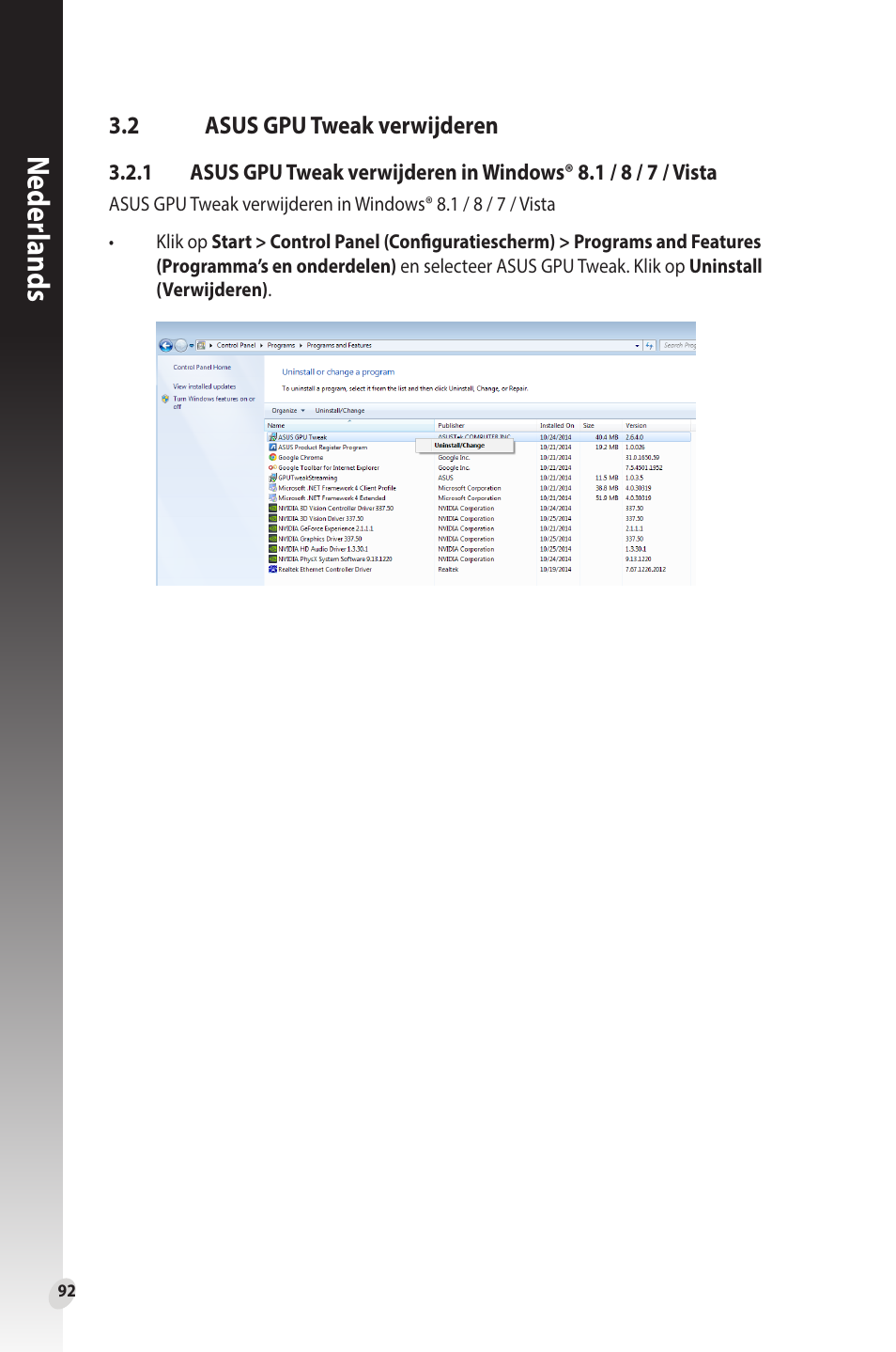 2 asus gpu tweak verwijderen, Asus gpu tweak verwijderen, Neder lands | Asus Phoenix GeForce GT 1030 OC Edition Graphics Card User Manual | Page 92 / 322