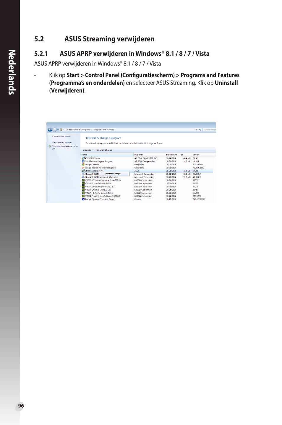 2 asus streaming verwijderen, Asus streaming verwijderen, Neder lands | Asus Phoenix GeForce GT 1030 OC Edition Graphics Card User Manual | Page 96 / 322