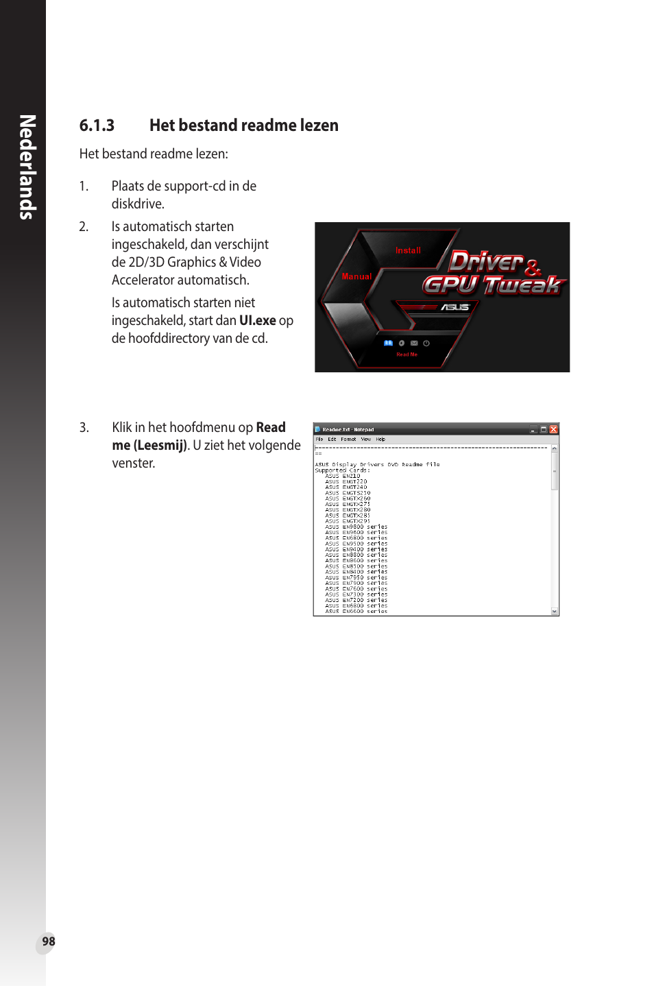 3 het bestand readme lezen, Het bestand readme lezen, Neder lands | Asus Phoenix GeForce GT 1030 OC Edition Graphics Card User Manual | Page 98 / 322