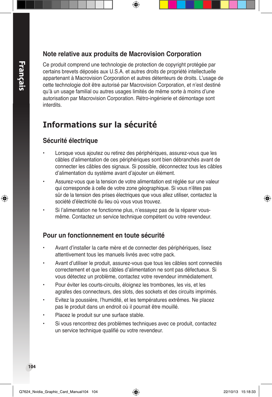 Informations sur la sécurité, Franç ais, Sécurité électrique | Pour un fonctionnement en toute sécurité | Asus Radeon RX 6800 XT TUF GAMING Graphics Card User Manual | Page 104 / 321