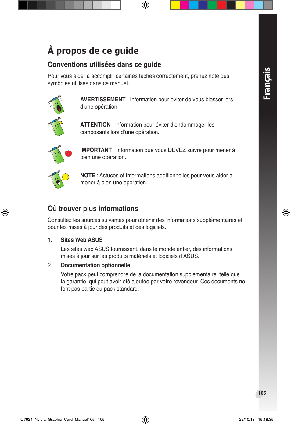 À propos de ce guide, Fr anç ais | Asus Radeon RX 6800 XT TUF GAMING Graphics Card User Manual | Page 105 / 321