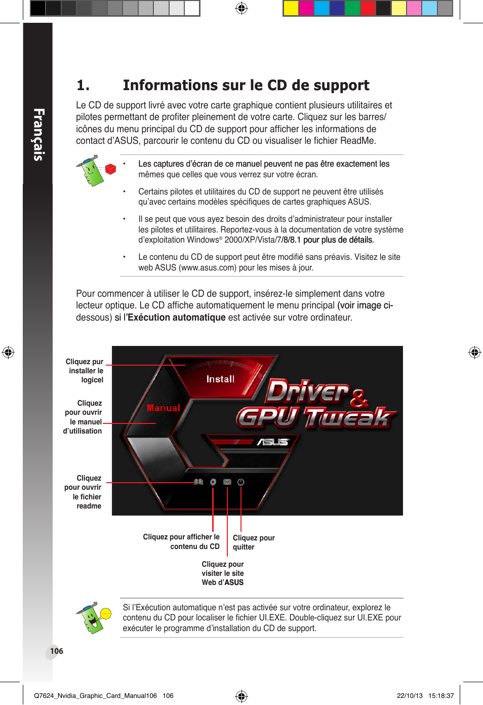 Informations sur le cd de support, Franç ais | Asus Radeon RX 6800 XT TUF GAMING Graphics Card User Manual | Page 106 / 321