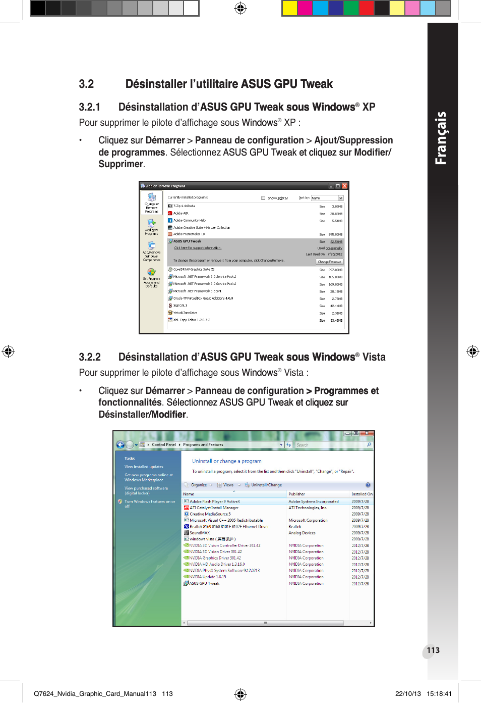 2 désinstaller l’utilitaire asus gpu tweak, Désinstaller l’utilitaire, Asus gpu tweak | Fr anç ais | Asus Radeon RX 6800 XT TUF GAMING Graphics Card User Manual | Page 113 / 321