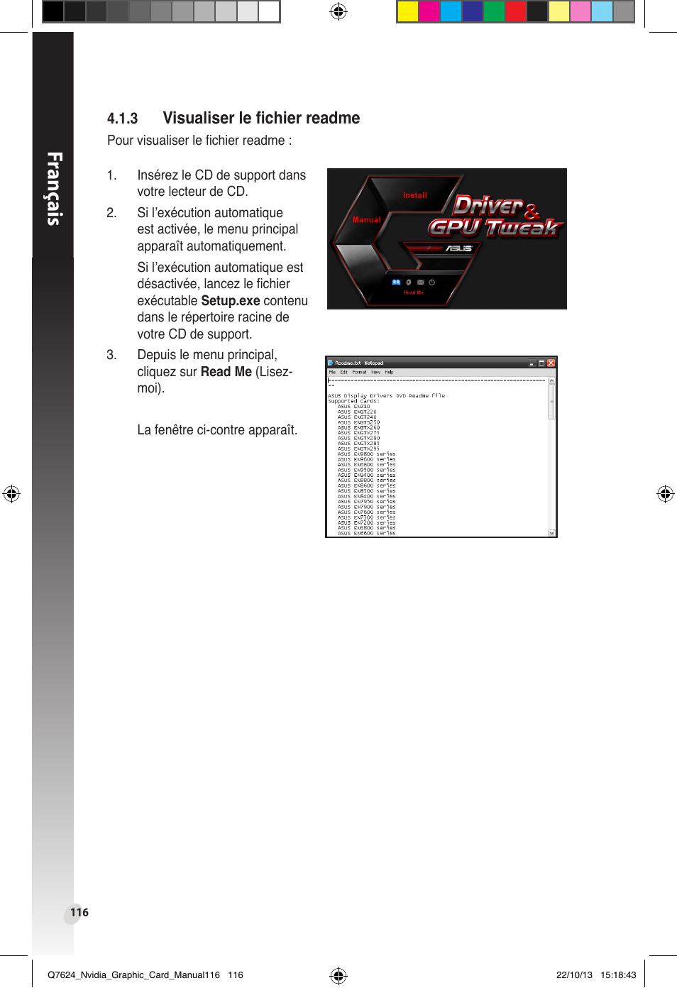 Franç ais, Visualiser le fichier readme | Asus Radeon RX 6800 XT TUF GAMING Graphics Card User Manual | Page 116 / 321