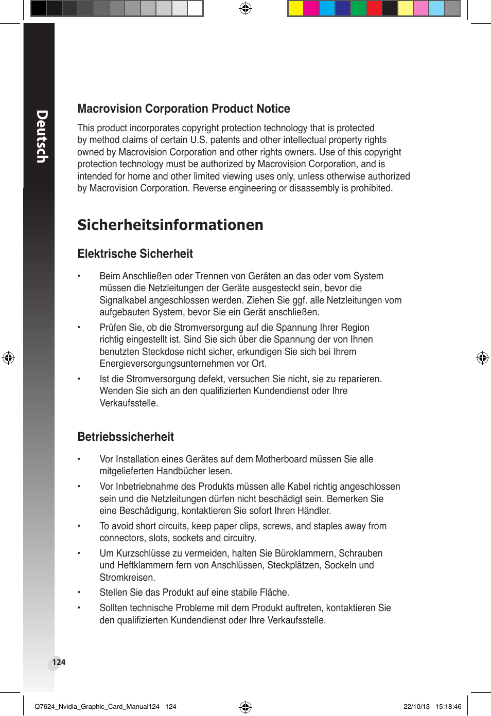 Sicherheitsinformationen, Deutsch, Elektrische sicherheit | Betriebssicherheit, Macrovision corporation product notice | Asus Radeon RX 6800 XT TUF GAMING Graphics Card User Manual | Page 124 / 321