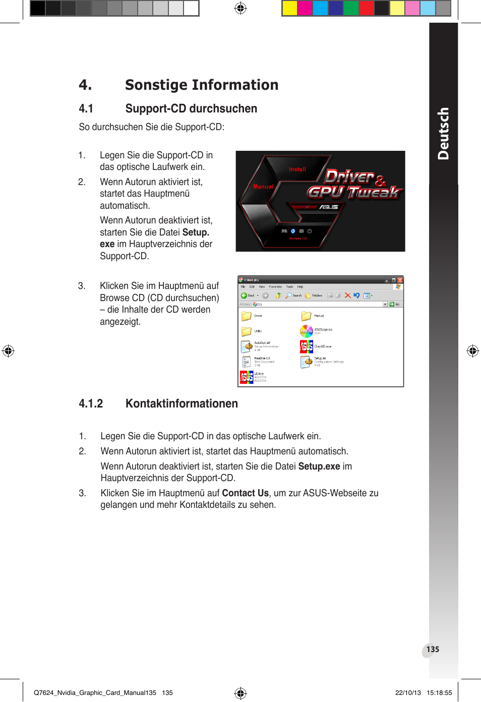 Sonstige information, 1 support-cd durchsuchen, 2 kontaktinformationen | Support-cd durchsuchen, Kontaktinformationen, Deutsch | Asus Radeon RX 6800 XT TUF GAMING Graphics Card User Manual | Page 135 / 321