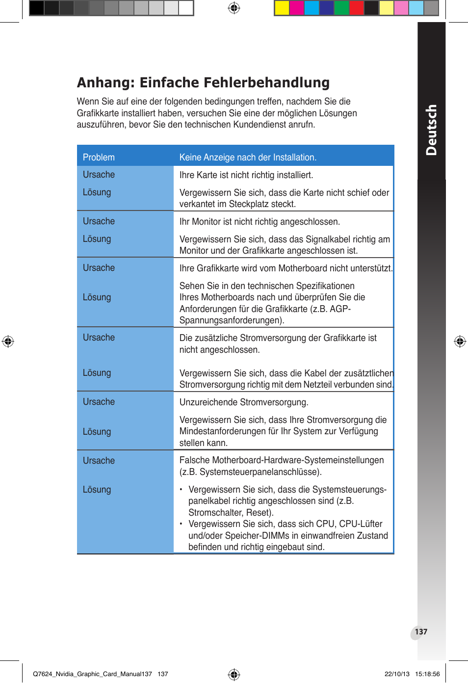Anhang: einfache fehlerbehandlung, Deutsch | Asus Radeon RX 6800 XT TUF GAMING Graphics Card User Manual | Page 137 / 321