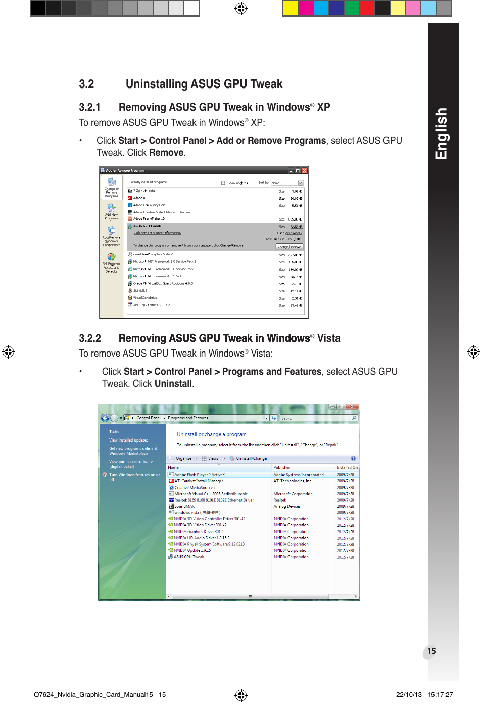 2 uninstalling asus gpu tweak, Uninstalling asus gpu tweak, English | Asus Radeon RX 6800 XT TUF GAMING Graphics Card User Manual | Page 15 / 321