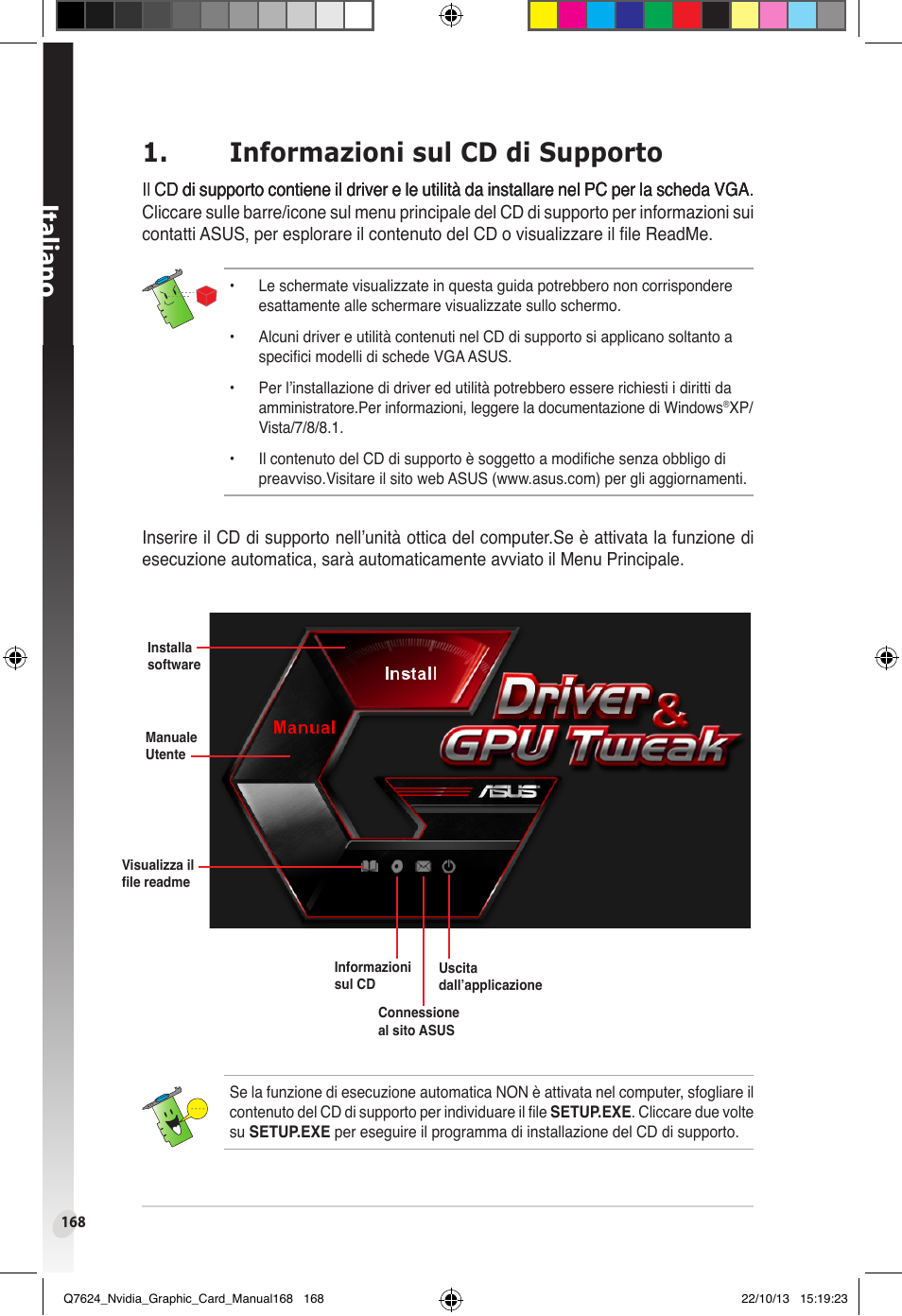 Informazioni sul cd di supporto, Italiano | Asus Radeon RX 6800 XT TUF GAMING Graphics Card User Manual | Page 168 / 321