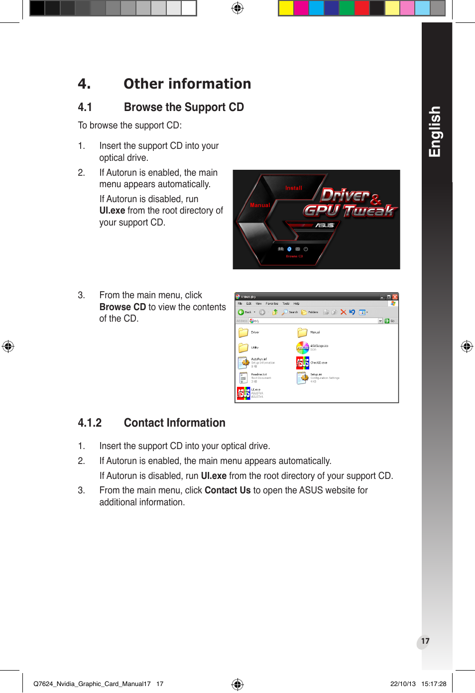 Other information, 1 browse the support cd, 2 contact information | Browse the support cd, Contact information, English | Asus Radeon RX 6800 XT TUF GAMING Graphics Card User Manual | Page 17 / 321