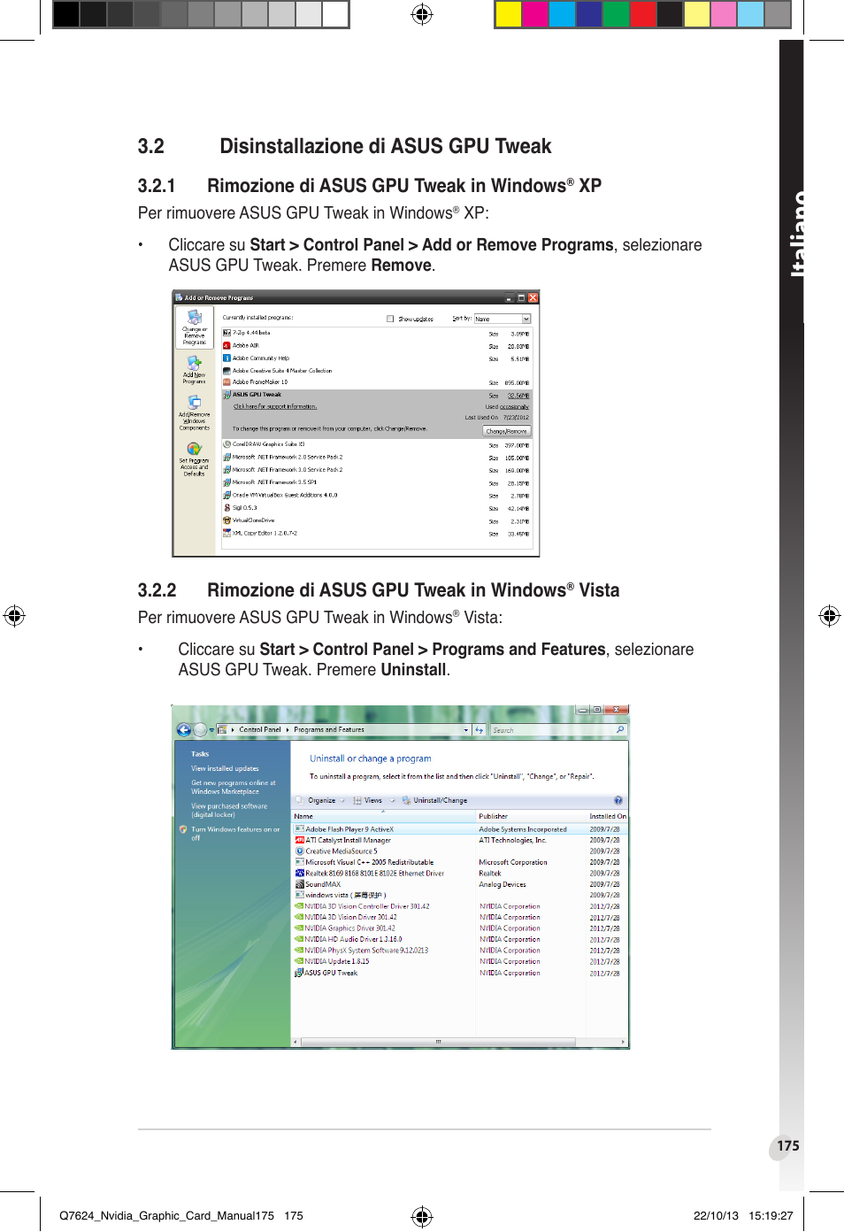 2 disinstallazione di asus gpu tweak, Disinstallazione di asus gpu tweak, Italiano | Asus Radeon RX 6800 XT TUF GAMING Graphics Card User Manual | Page 175 / 321