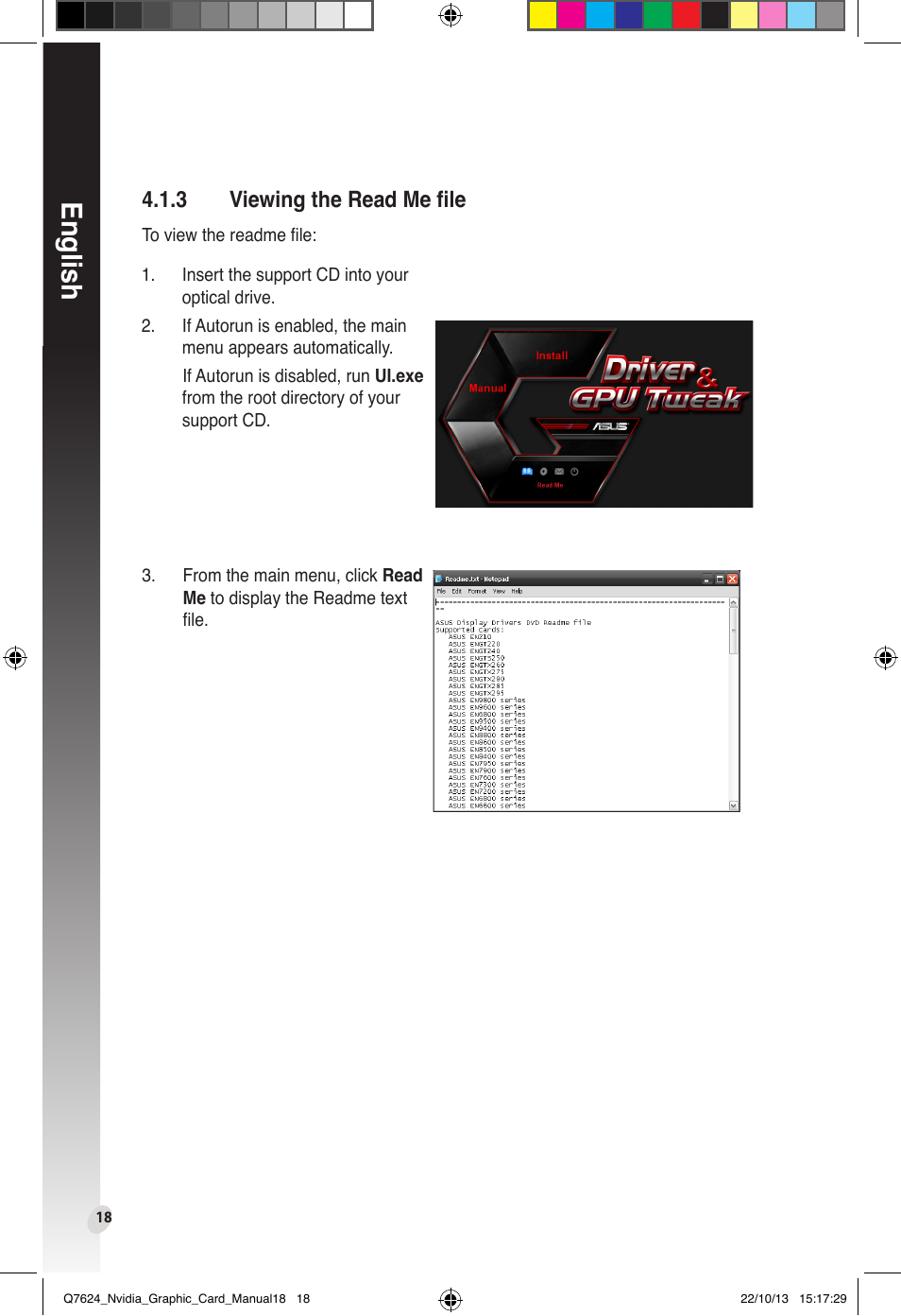 3 viewing the read me file, Viewing the read me file, English | Asus Radeon RX 6800 XT TUF GAMING Graphics Card User Manual | Page 18 / 321