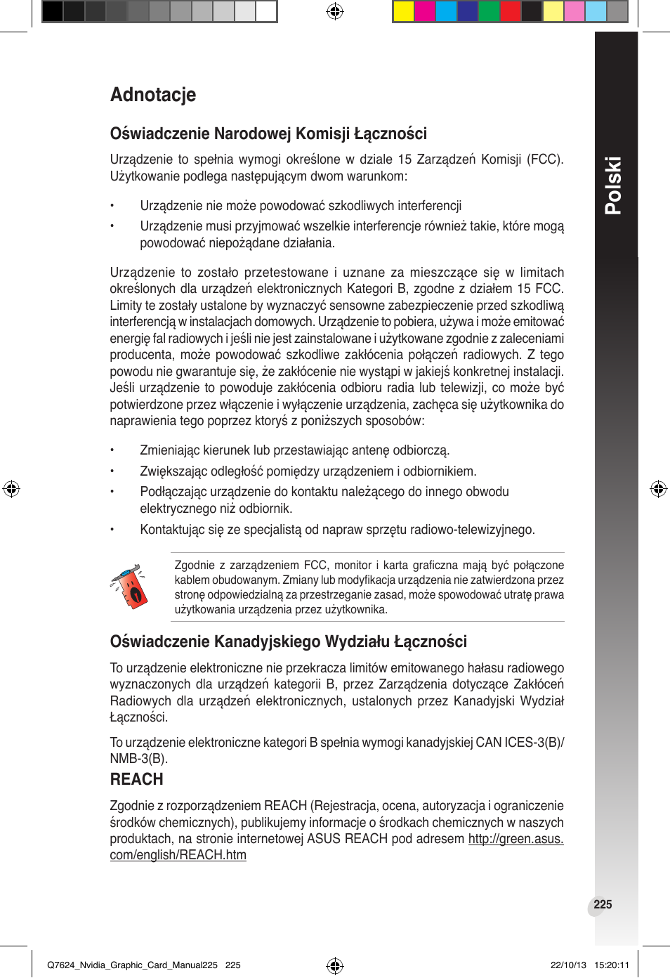 Adnotacje, Polski, Oświadczenie narodowej komisji łączności | Oświadczenie kanadyjskiego wydziału łączności, Reach | Asus Radeon RX 6800 XT TUF GAMING Graphics Card User Manual | Page 225 / 321