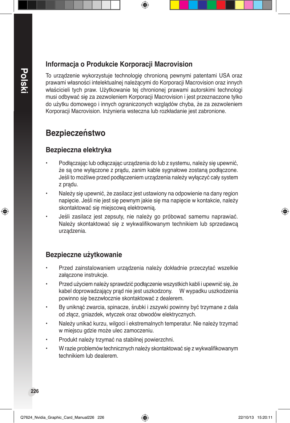 Bezpieczeństwo, Polski, Bezpieczna elektryka | Bezpieczne użytkowanie, Informacja o produkcie korporacji macrovision | Asus Radeon RX 6800 XT TUF GAMING Graphics Card User Manual | Page 226 / 321