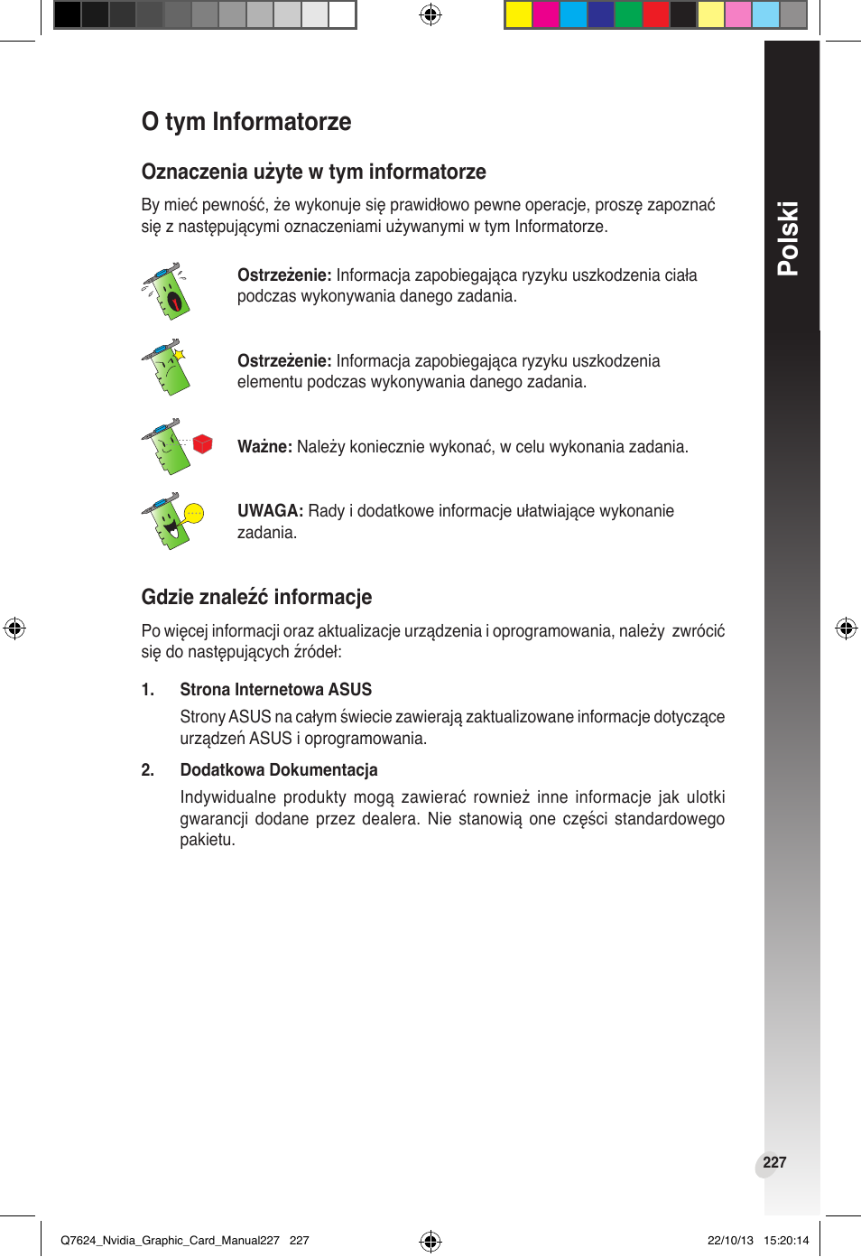 O tym informatorze, Polski, Oznaczenia użyte w tym informatorze | Gdzie znaleźć informacje | Asus Radeon RX 6800 XT TUF GAMING Graphics Card User Manual | Page 227 / 321