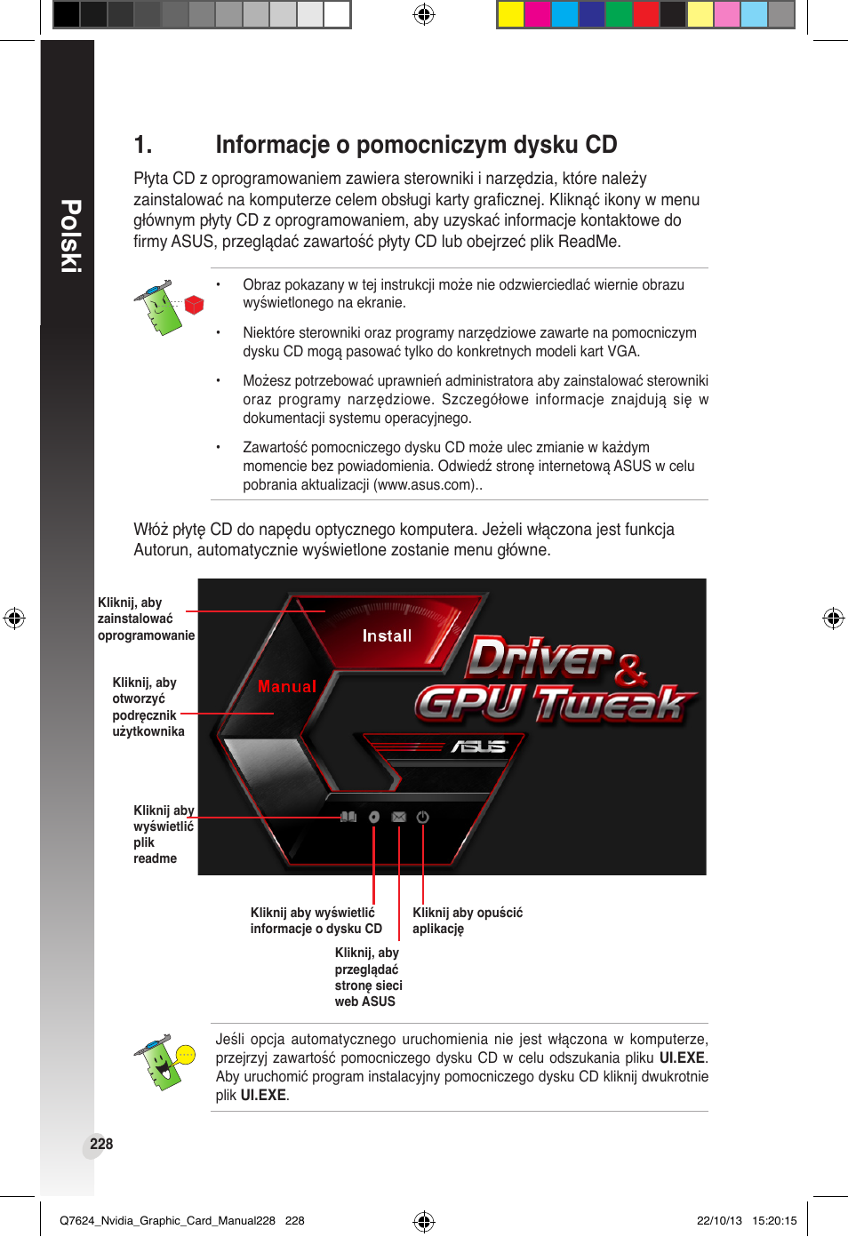 Informacje o pomocniczym dysku cd, Polski | Asus Radeon RX 6800 XT TUF GAMING Graphics Card User Manual | Page 228 / 321