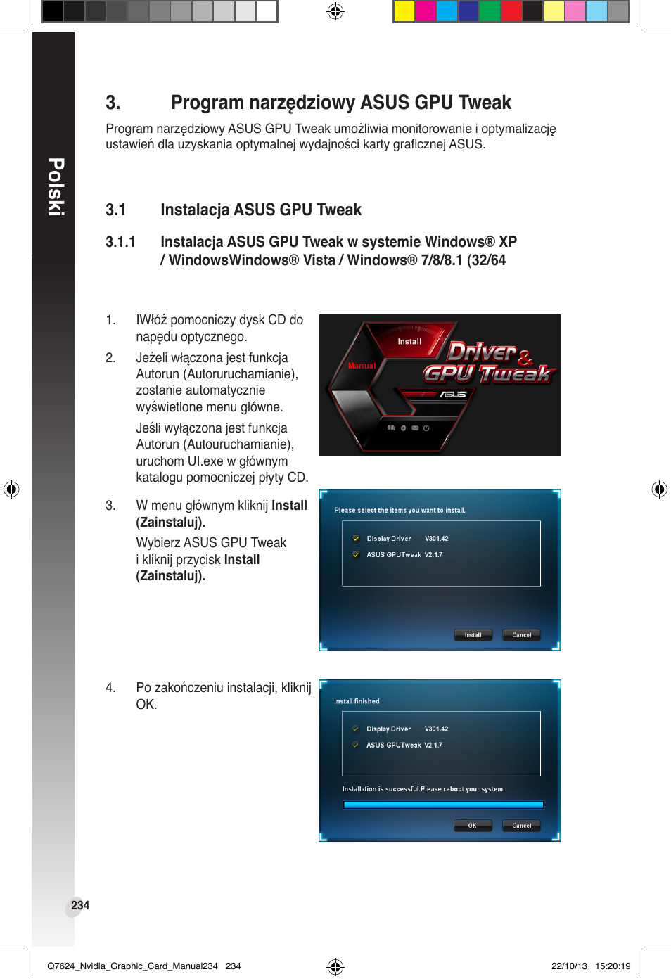 Program narzędziowy asus gpu tweak, 1 instalacja asus gpu tweak, Instalacja asus gpu tweak | Polski | Asus Radeon RX 6800 XT TUF GAMING Graphics Card User Manual | Page 234 / 321