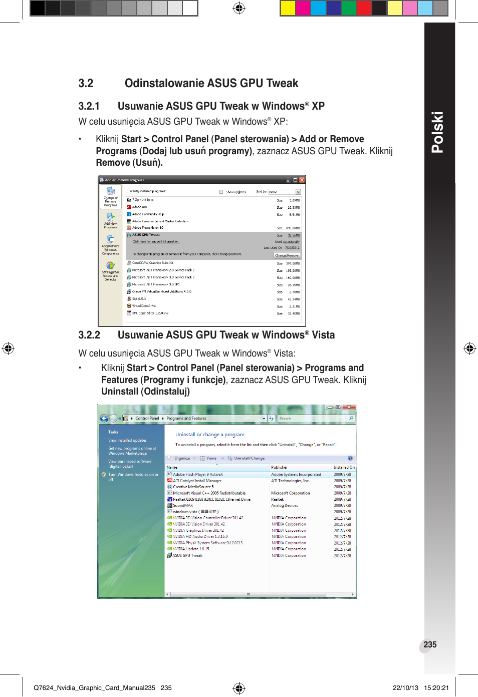 2 odinstalowanie asus gpu tweak, Odinstalowanie asus gpu tweak, Polski | Asus Radeon RX 6800 XT TUF GAMING Graphics Card User Manual | Page 235 / 321