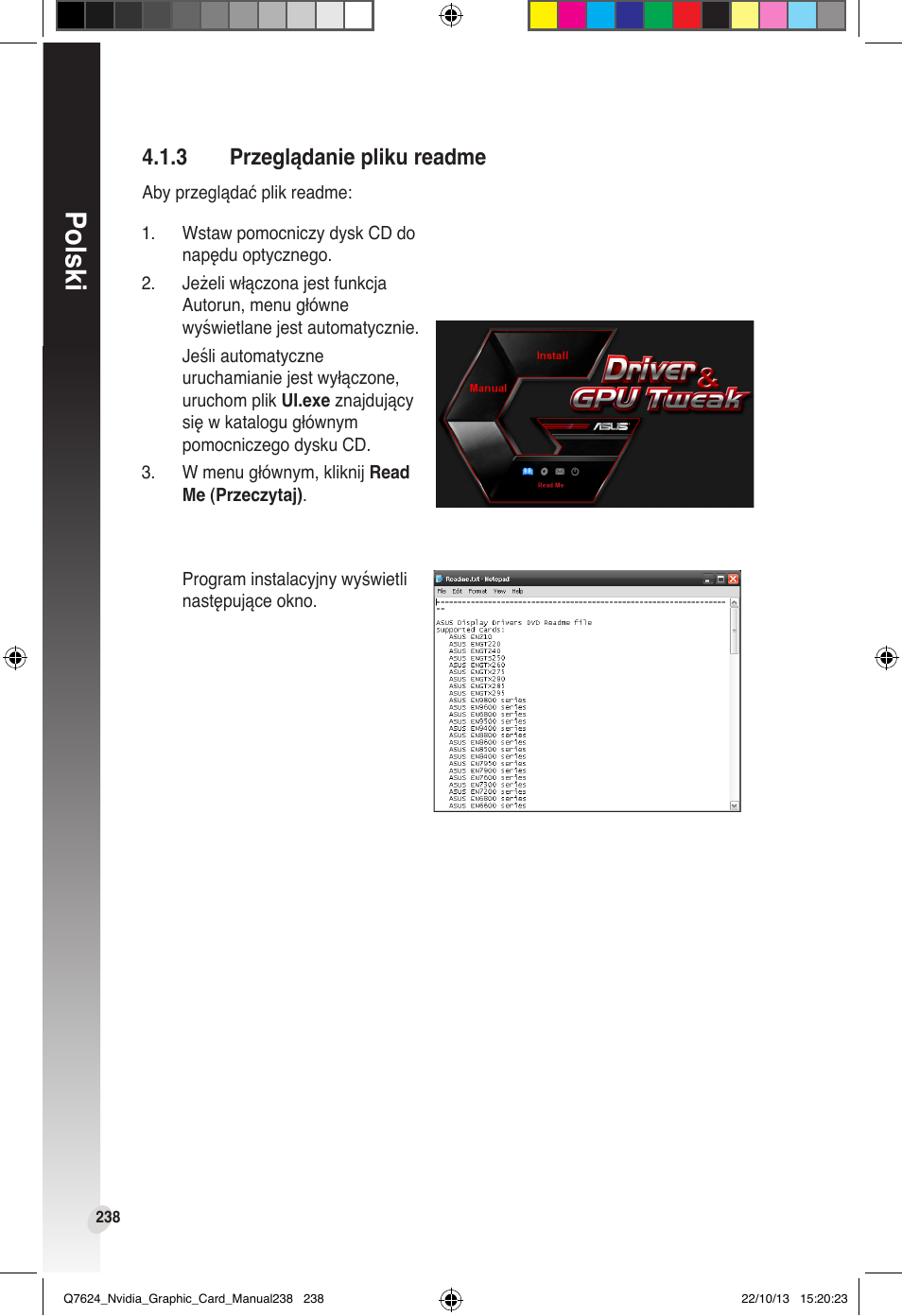 3 przeglądanie pliku readme, Przeglądanie pliku readme, Polski | Asus Radeon RX 6800 XT TUF GAMING Graphics Card User Manual | Page 238 / 321