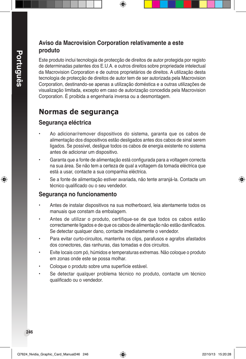 Normas de segurança, Segurança eléctrica, Segurança no funcionamento | Português | Asus Radeon RX 6800 XT TUF GAMING Graphics Card User Manual | Page 246 / 321