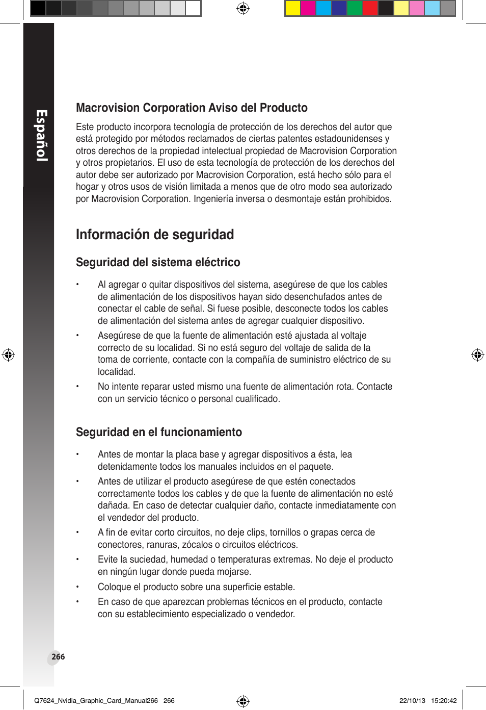 Macrovision corporation aviso del producto, Información de seguridad, Seguridad del sistema eléctrico | Seguridad en el funcionamiento, Español | Asus Radeon RX 6800 XT TUF GAMING Graphics Card User Manual | Page 266 / 321