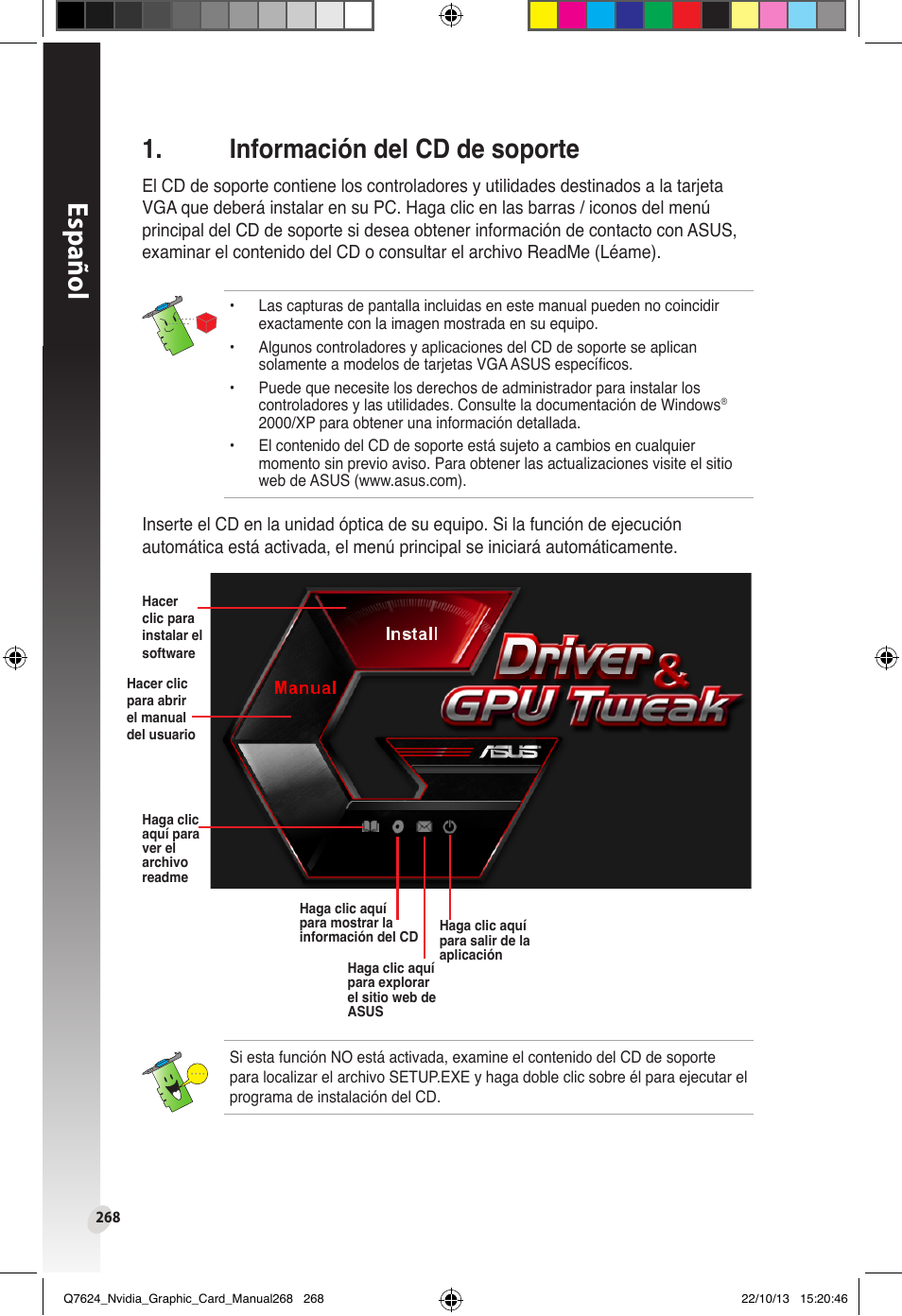 Información del cd de soporte, Español | Asus Radeon RX 6800 XT TUF GAMING Graphics Card User Manual | Page 268 / 321