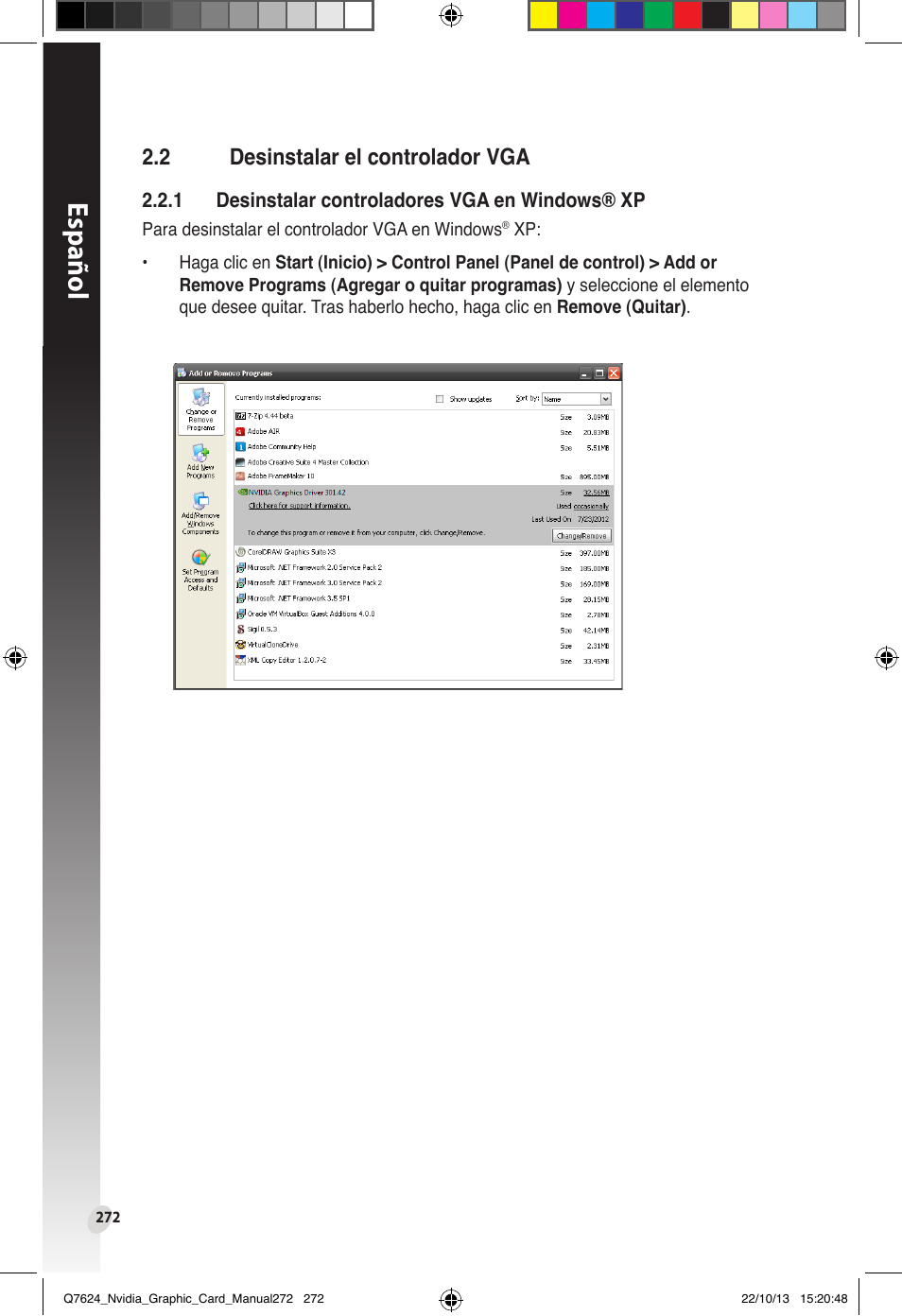 2 desinstalar el controlador vga, Desinstalar el controlador vga, Español | Asus Radeon RX 6800 XT TUF GAMING Graphics Card User Manual | Page 272 / 321