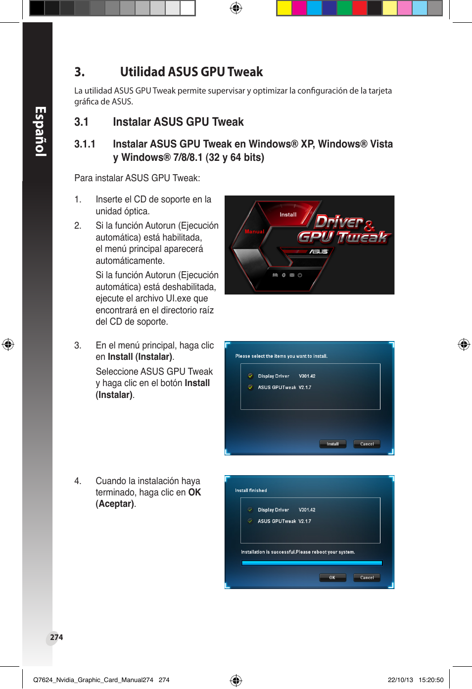 Utilidad asus gpu tweak, 1 instalar asus gpu tweak, Instalar asus gpu tweak | Español, Utilidad.asus.gpu.tweak | Asus Radeon RX 6800 XT TUF GAMING Graphics Card User Manual | Page 274 / 321