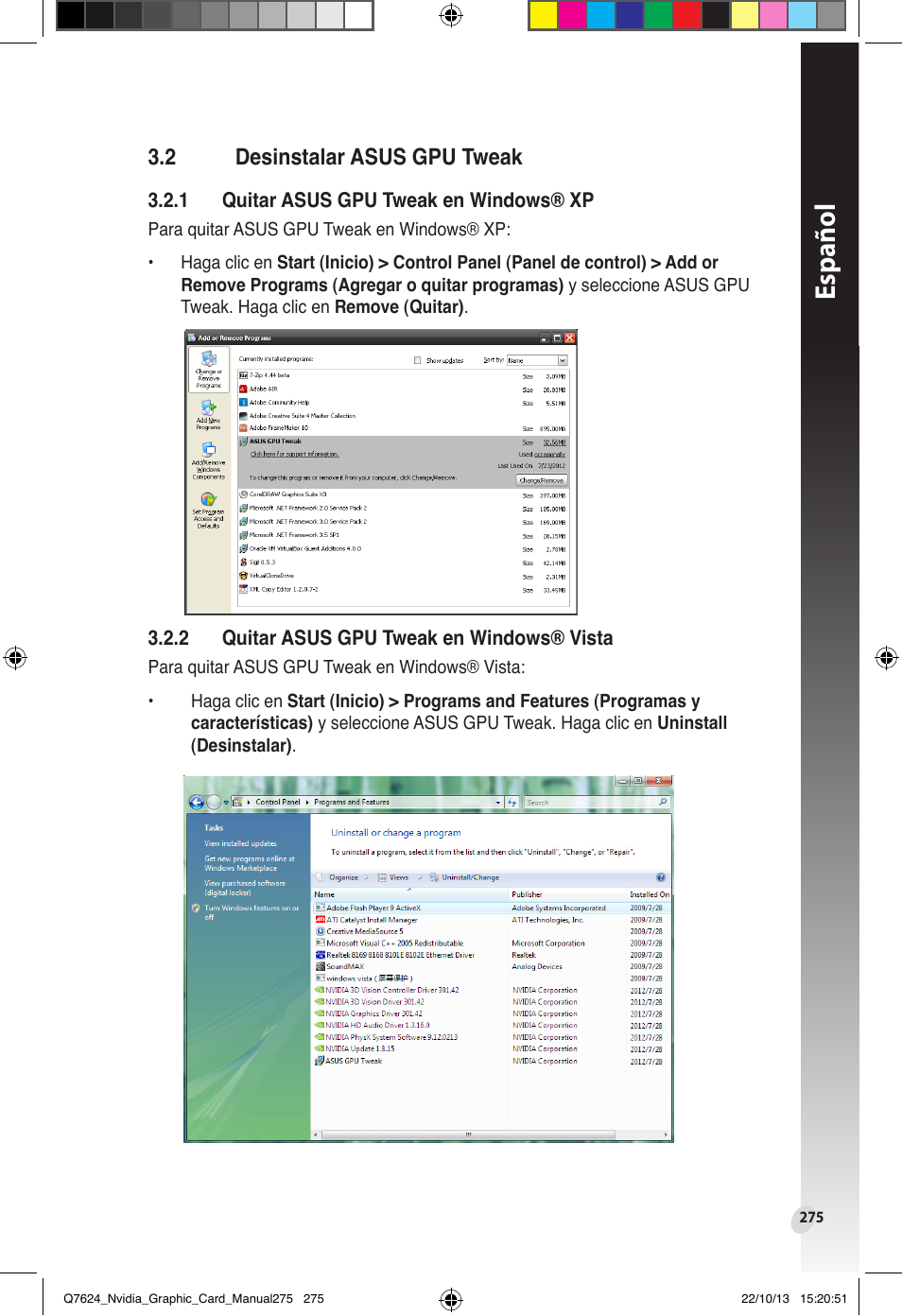 2 desinstalar asus gpu tweak, Desinstalar asus gpu tweak, Español | Asus Radeon RX 6800 XT TUF GAMING Graphics Card User Manual | Page 275 / 321