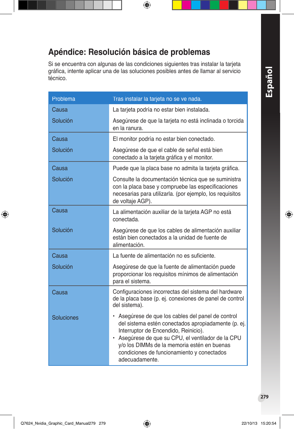 Apéndice: resolución básica de problemas, Español | Asus Radeon RX 6800 XT TUF GAMING Graphics Card User Manual | Page 279 / 321