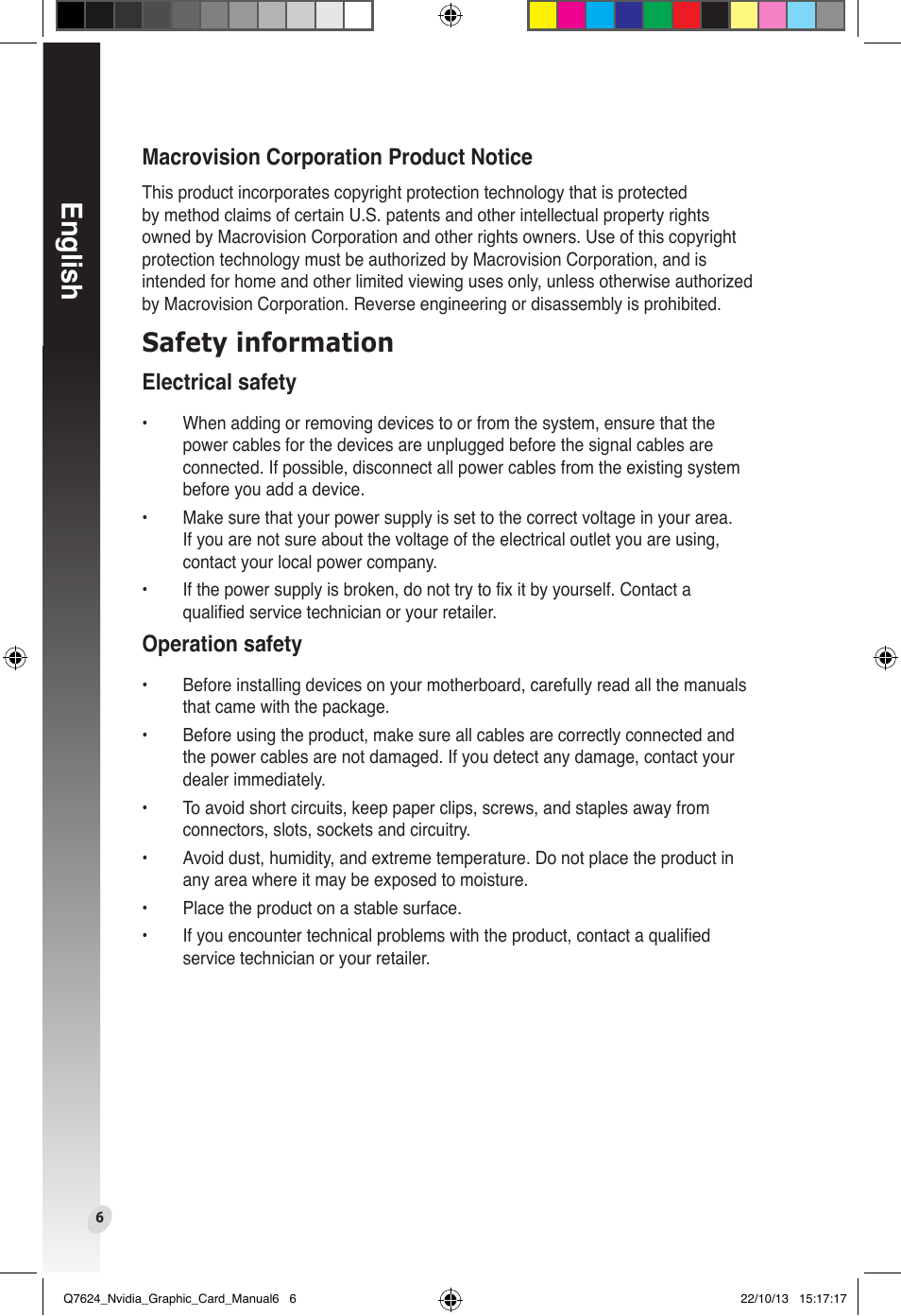 Safety information, English, Electrical safety | Operation safety, Macrovision corporation product notice | Asus Radeon RX 6800 XT TUF GAMING Graphics Card User Manual | Page 6 / 321