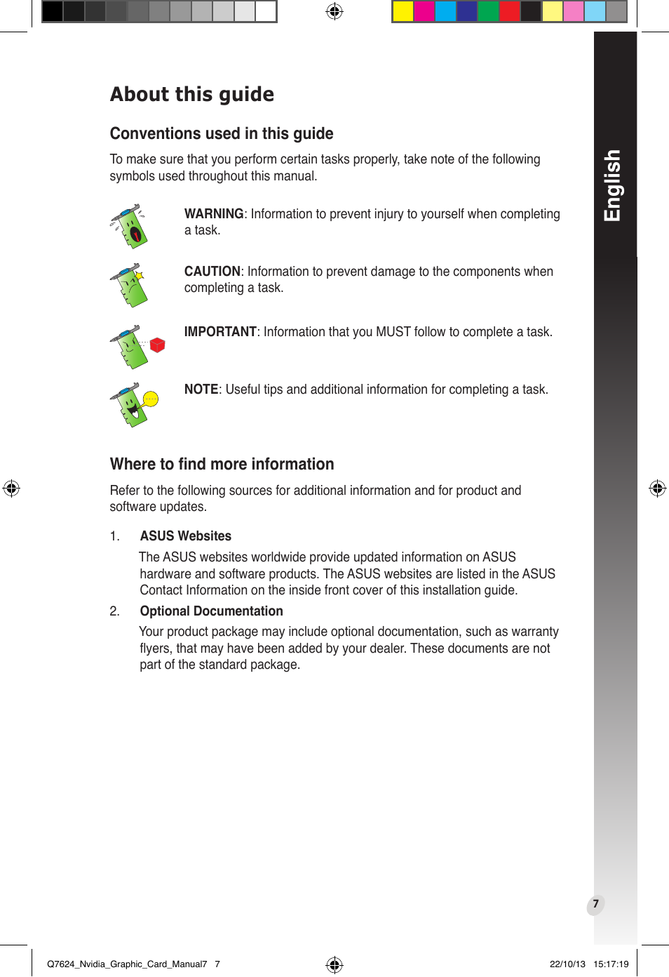 About this guide, English, Conventions used in this guide | Where to find more information | Asus Radeon RX 6800 XT TUF GAMING Graphics Card User Manual | Page 7 / 321