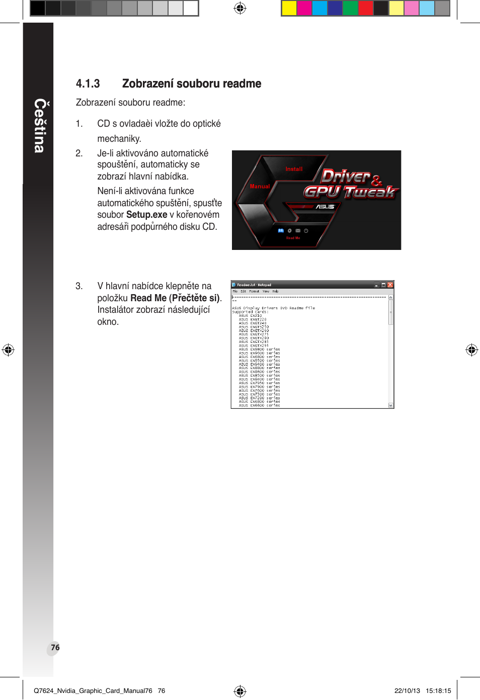 3 zobrazení souboru readme, Zobrazení souboru readme, Čeština | Asus Radeon RX 6800 XT TUF GAMING Graphics Card User Manual | Page 76 / 321