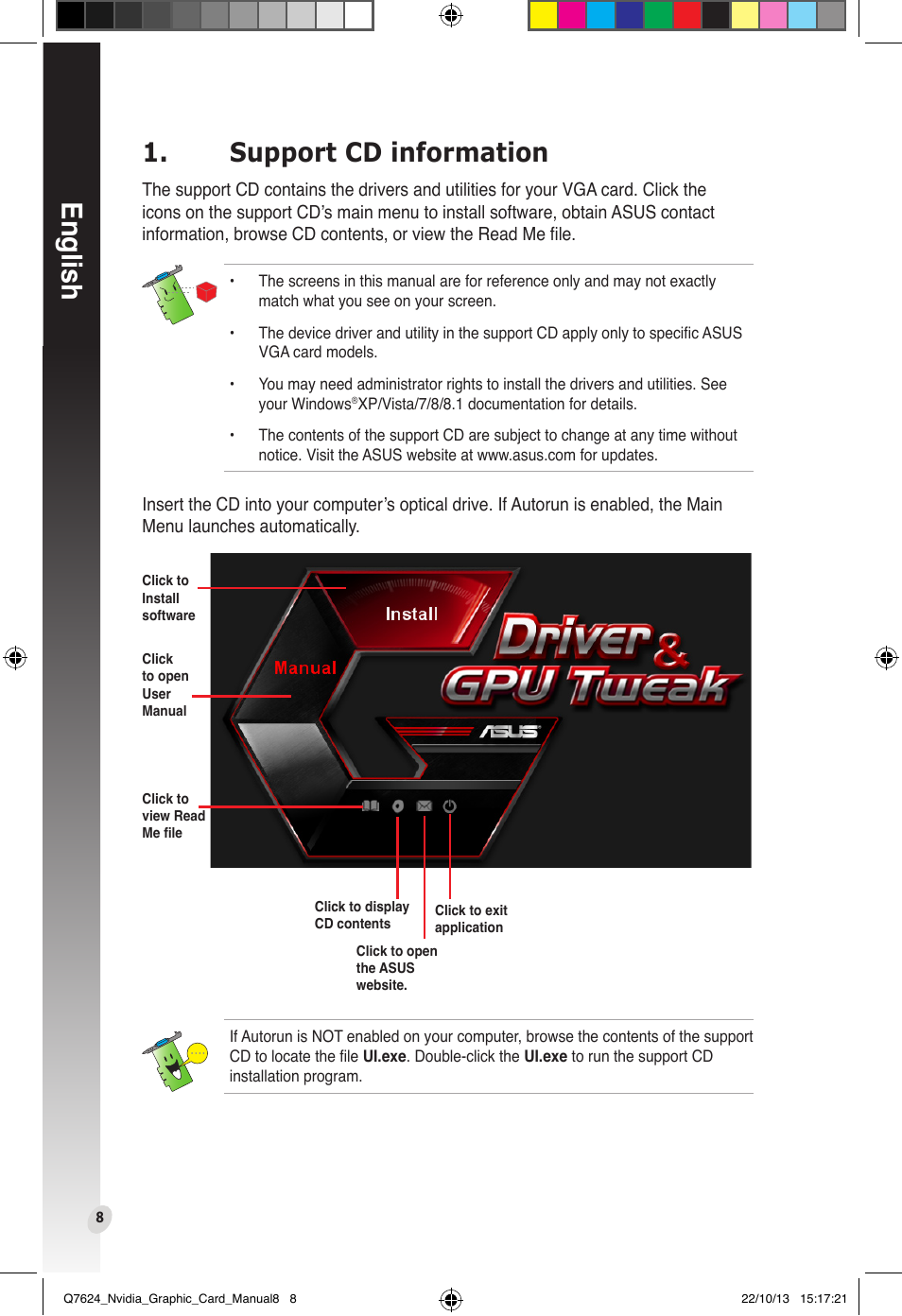 Support cd information, English | Asus Radeon RX 6800 XT TUF GAMING Graphics Card User Manual | Page 8 / 321