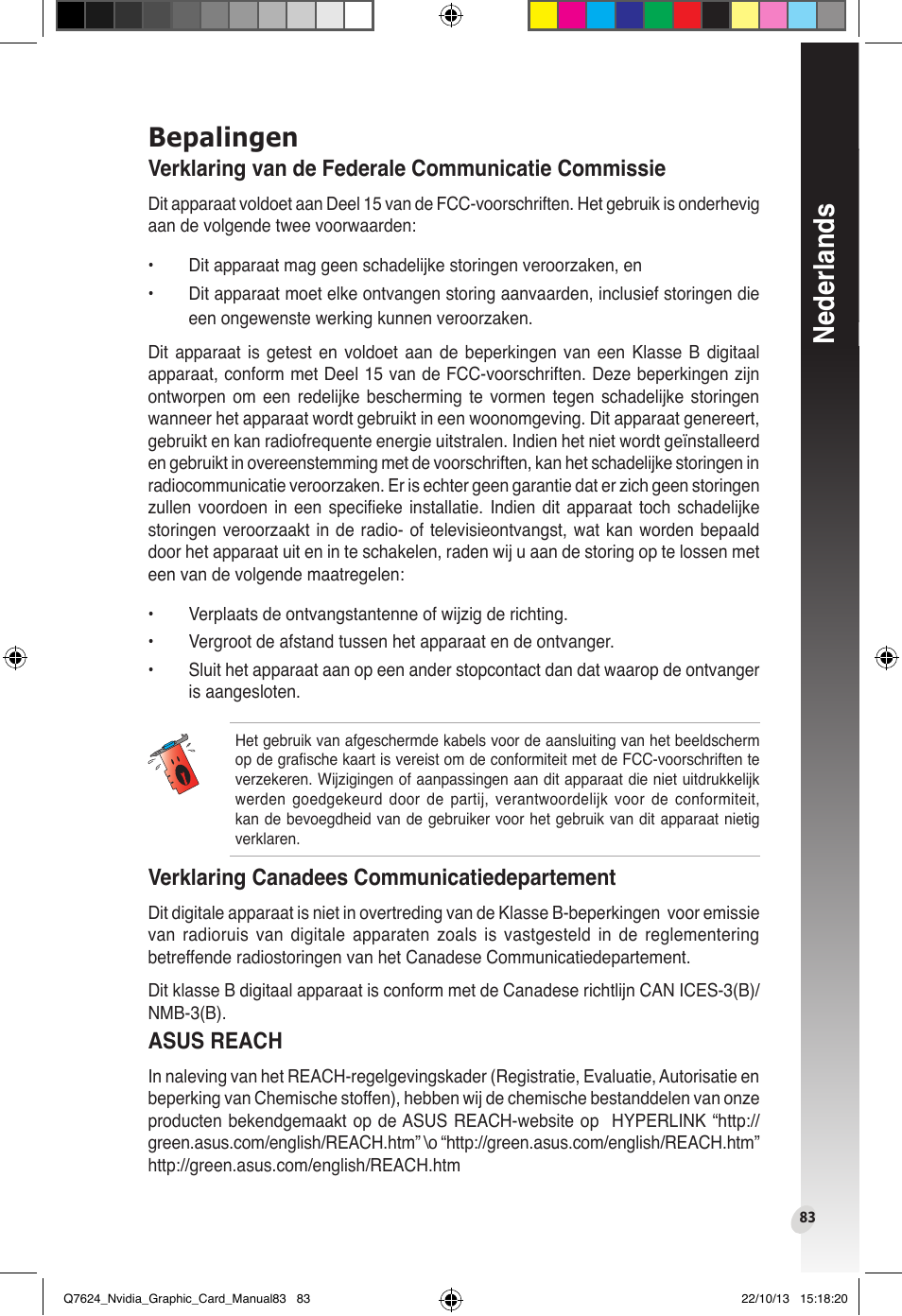 Bepalingen, Nederlands, Verklaring van de federale communicatie commissie | Verklaring canadees communicatiedepartement, Asus reach | Asus Radeon RX 6800 XT TUF GAMING Graphics Card User Manual | Page 83 / 321