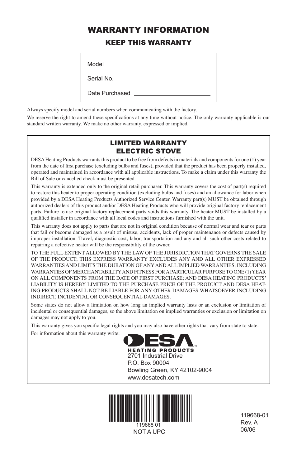 Warranty information, Keep this warranty, Limited warranty electric stove | Desa VESBMRA User Manual | Page 12 / 12