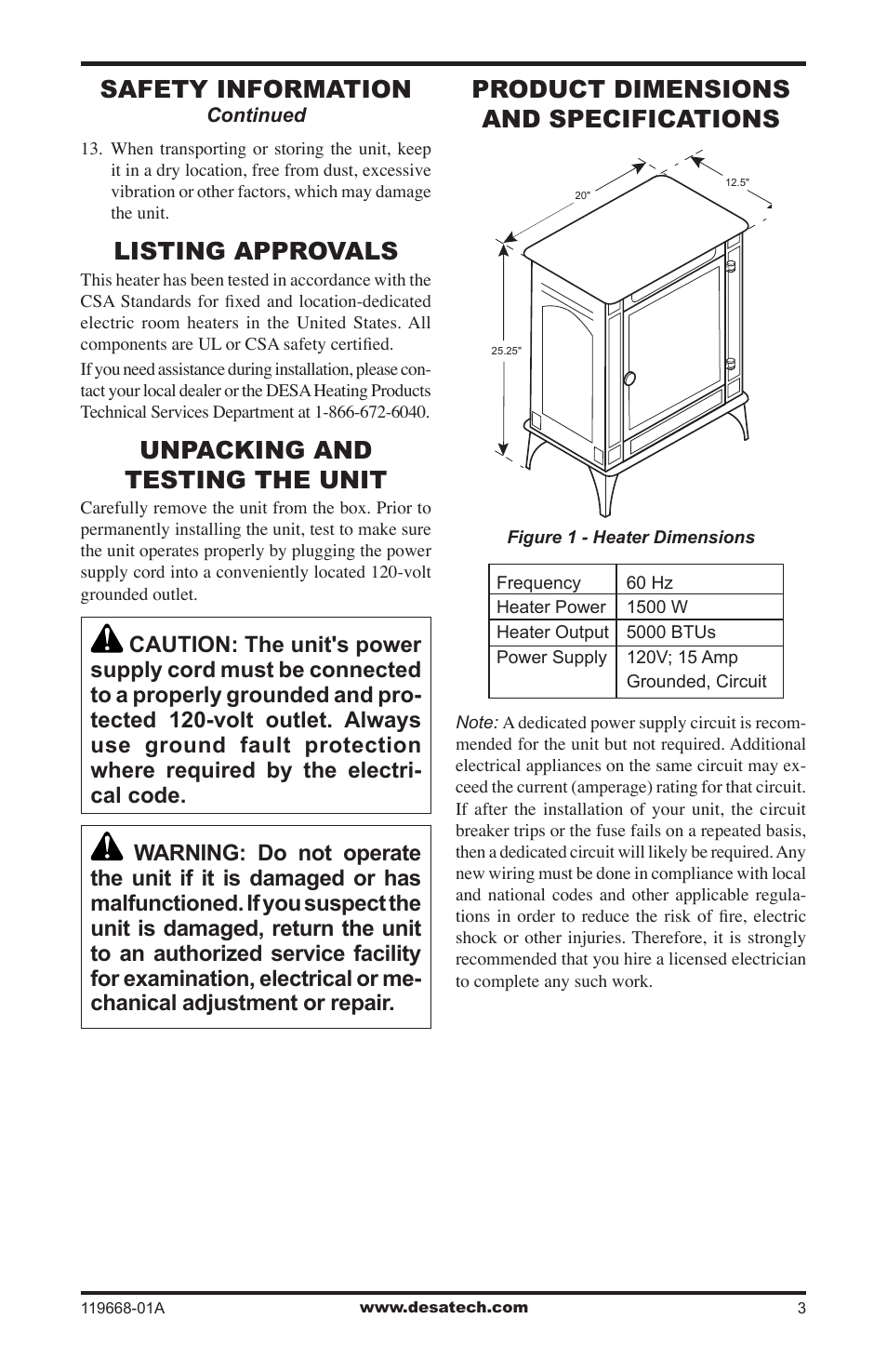 Listing approvals, Unpacking and testing the unit, Product dimensions & specifications | Safety information, Product dimensions and specifications | Desa VESBMRA User Manual | Page 3 / 12