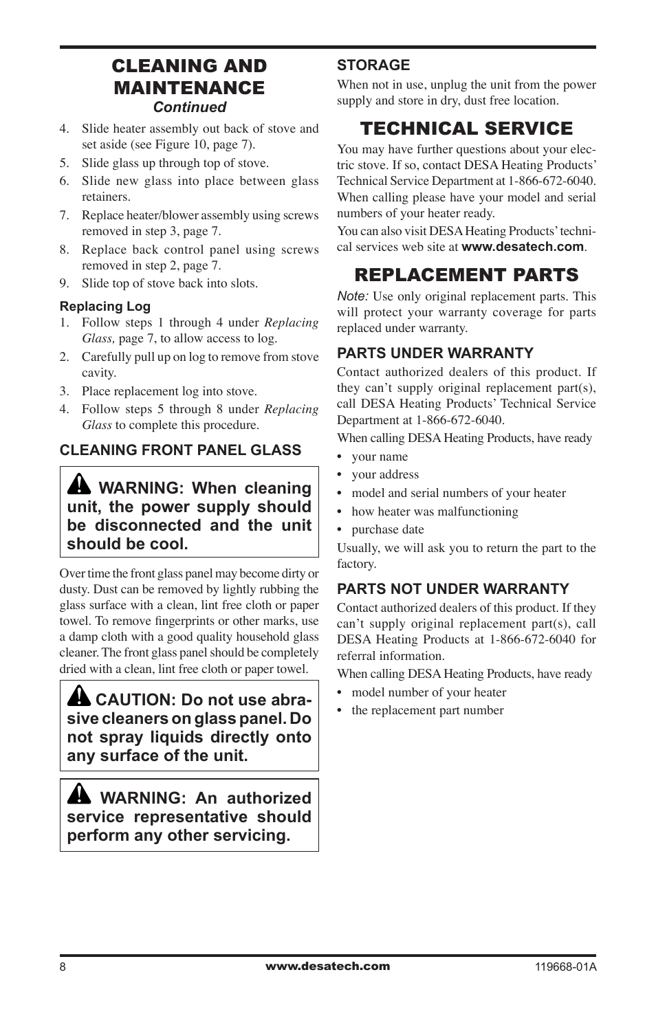 Technical service, Replacement parts, Cleaning and maintenance | Desa VESBMRA User Manual | Page 8 / 12