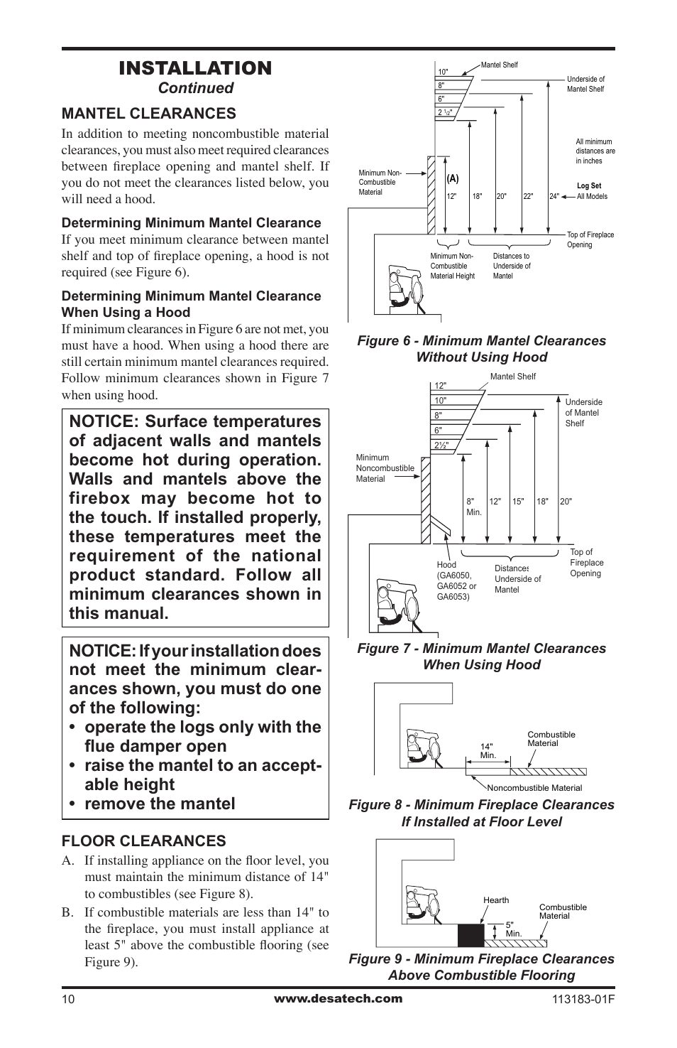 Installation, Continued, Mantel clearances | Floor clearances | Desa CDR3924PT User Manual | Page 10 / 28