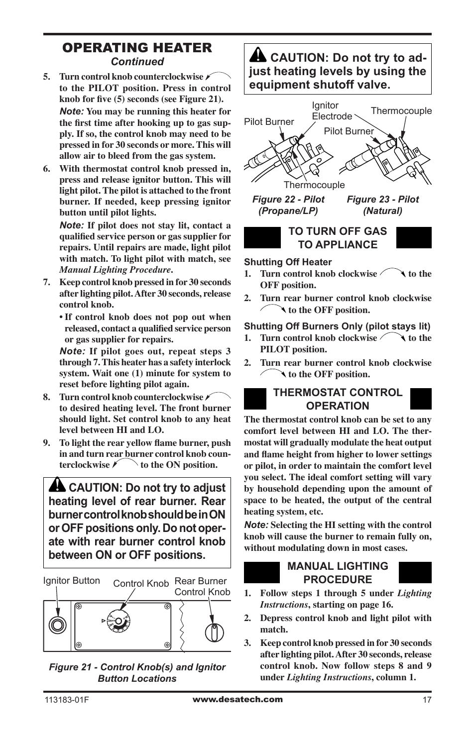 Operating heater | Desa CDR3924PT User Manual | Page 17 / 28