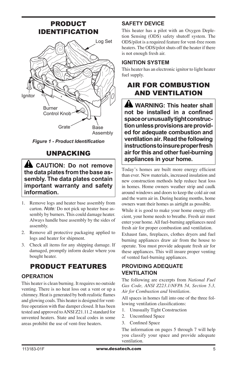 Product identification, Unpacking, Product features | Air for combustion and ventilation | Desa CDR3924PT User Manual | Page 5 / 28