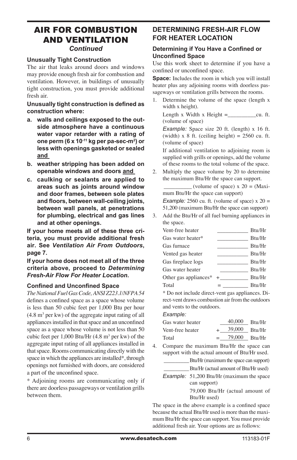 Air for combustion and ventilation | Desa CDR3924PT User Manual | Page 6 / 28
