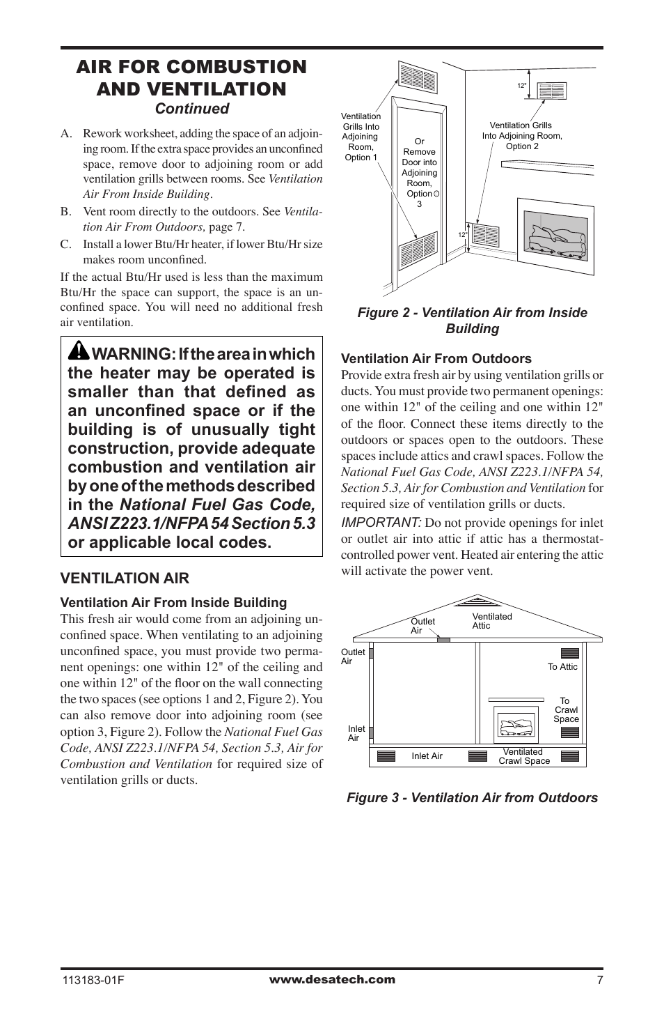 Air for combustion and ventilation, Ventilation air, Continued | Desa CDR3924PT User Manual | Page 7 / 28