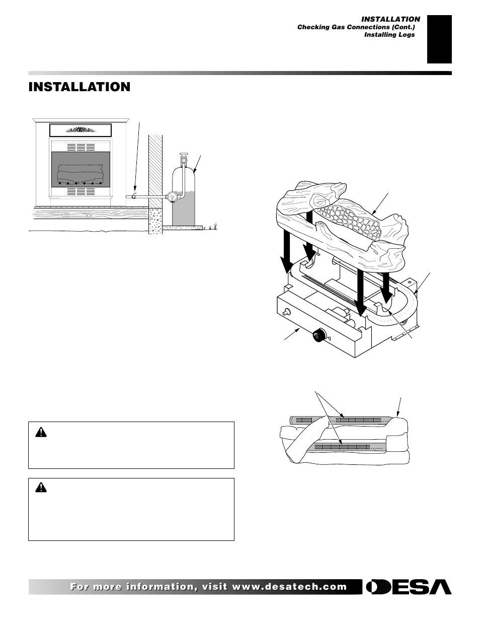 Installation, Continued, Installing logs | Desa CF26NT User Manual | Page 15 / 30